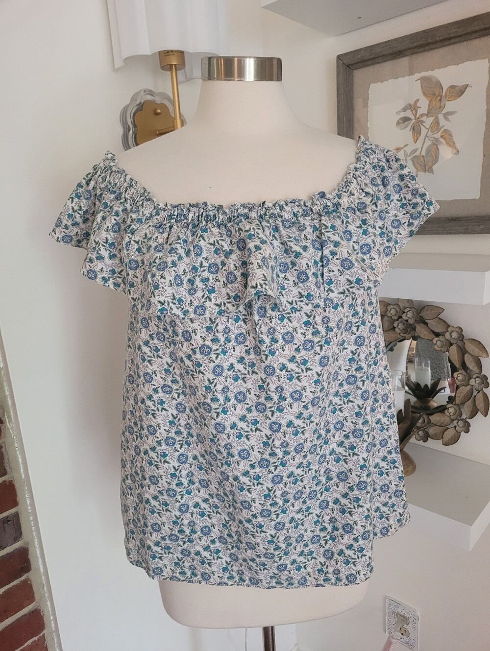 Loft Off-Shoulder Floral Ruffle Women's Top - Blue/White Small